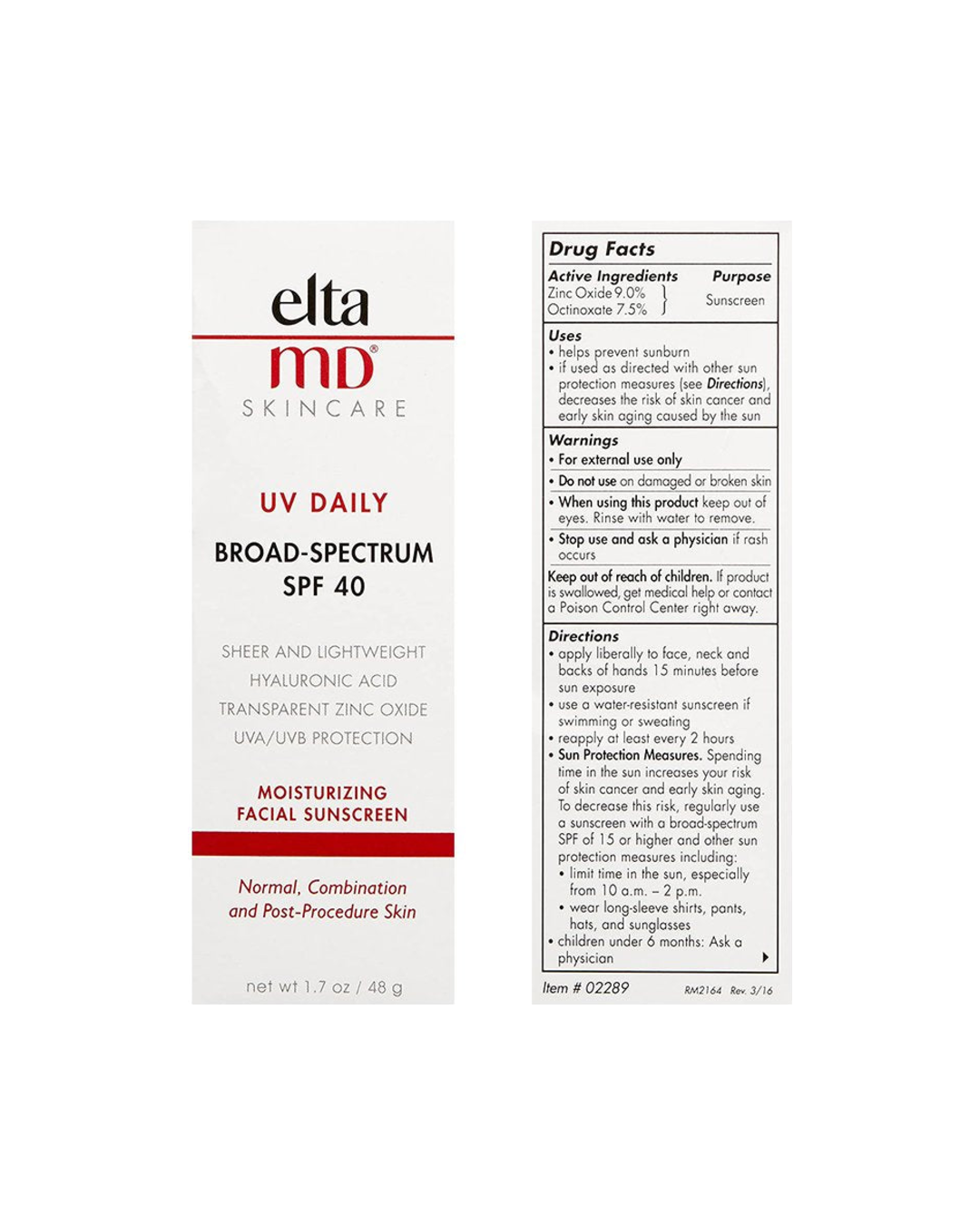 Elta MD UV Daily Broad Spectrum SPF 40 Moisturizing Facial Screen 48g sin Tinte